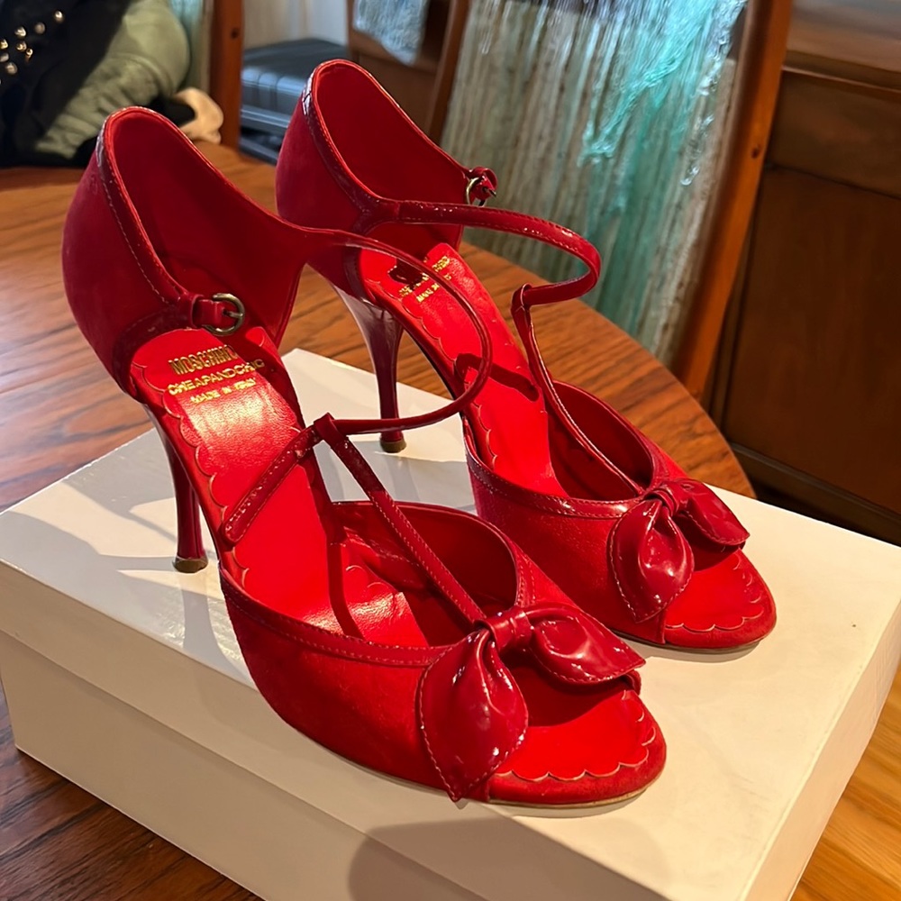 Moschino Red Suede Peep Toe Pumps